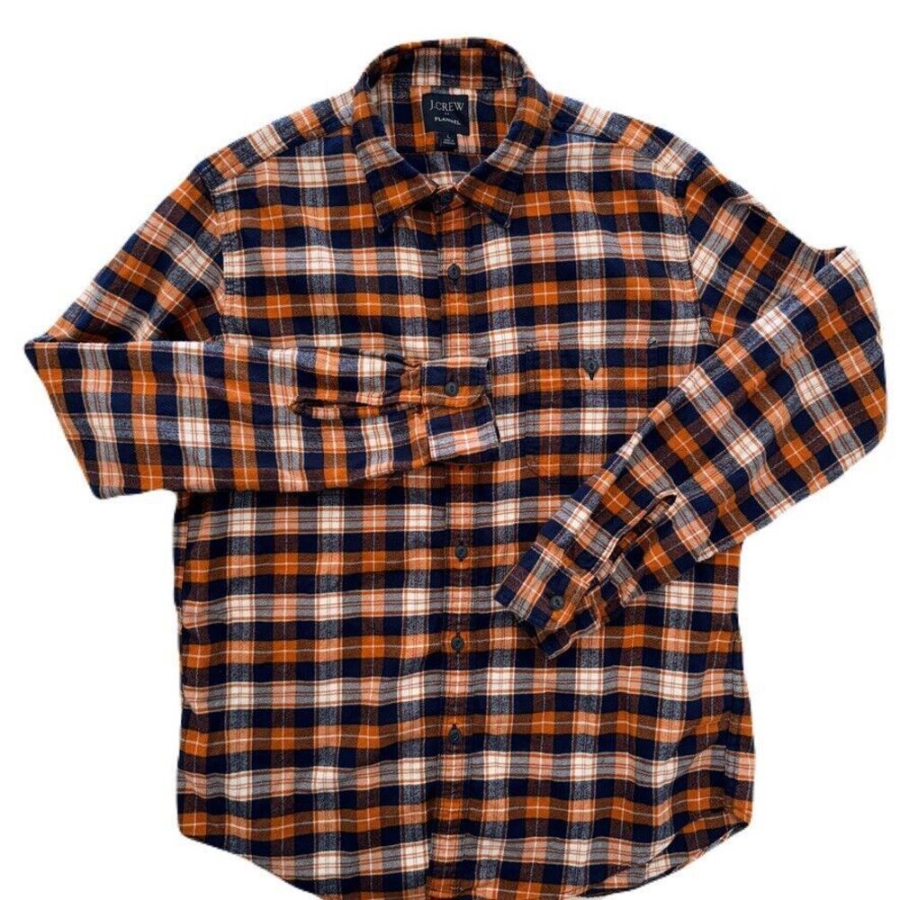 J.Crew Men’s Plaid Flannel Button-Up Shirt Navy Orange White Soft Cotton Size L